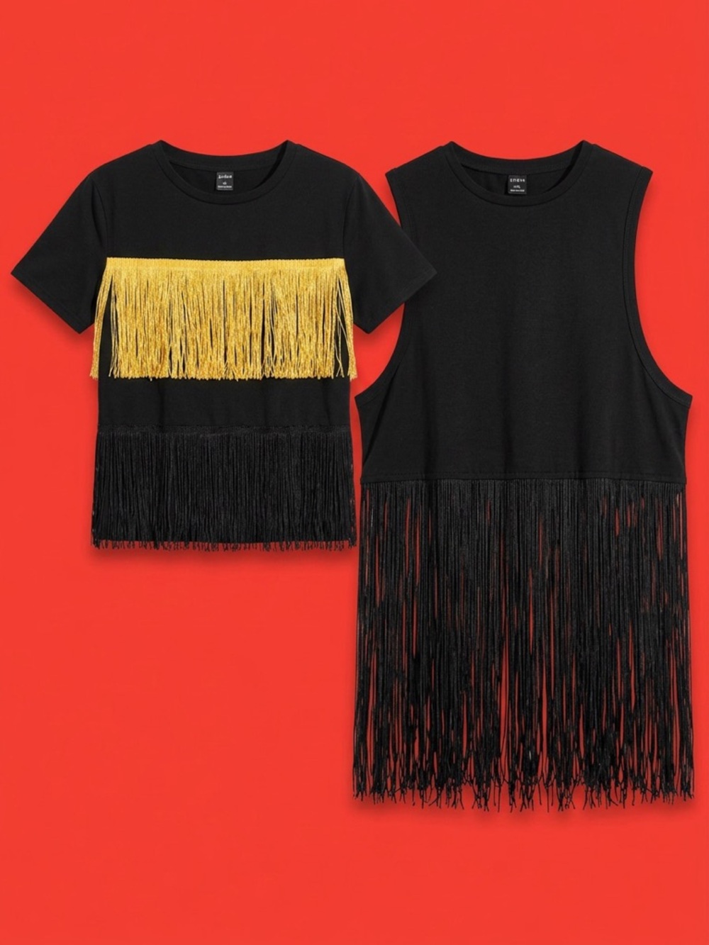 SHEIN Black Short Sleeve and Sleeveless Fringe Tee Set with Gold Detail
